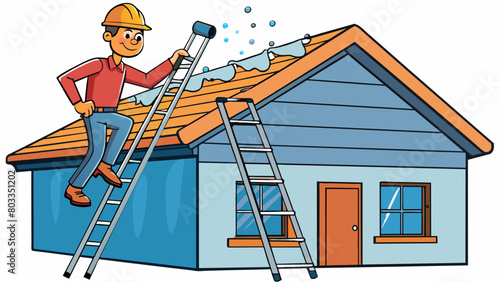Cleaning gutters on a house To prevent water damage and clogging gutters on a house should be regularly maintained by removing any debris and checking. Cartoon Vector