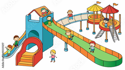 Childrens laughter fills the air as families gather at the malls indoor playground. A massive jungle gym complete with slides and tunnels provides. Cartoon Vector