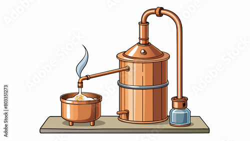 Distilling liquor in a copper still The still is a large shiny copper pot with a tall conical lid. Inside there is a mixture of fermented grains being. Cartoon Vector