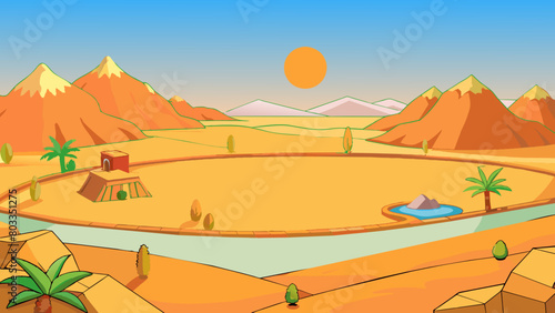 East Look out over a vast desert landscape with tall sandy dunes stretching out in front of you. The sun has just risen casting a warm orange glow. Cartoon Vector