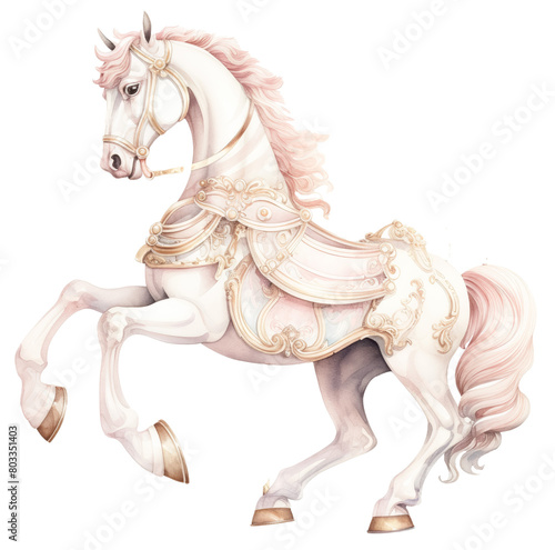 Graceful rose-maned horse in elegant harness