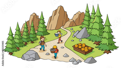 Hiking in the mountains the trail is lined with tall trees and rocky boulders. The hikers are carrying light backpacks and wearing sy hiking boots.. Cartoon Vector