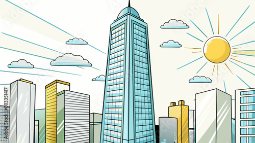 In a bustling cityscape a colossal towering skyscr stands out a the shorter buildings its shiny glass exterior reflecting the suns rays and demanding. Cartoon Vector