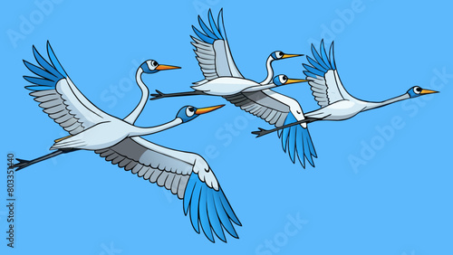 High in the sky a group of cranes migrated in Vformation their large wings flapping gracefully against the clear blue backdrop. With their long beaks. Cartoon Vector photo