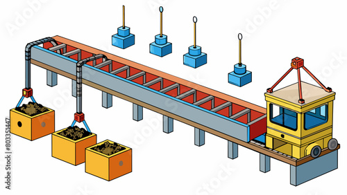 In a busy factory a large overhead conveyor system moves heavy metal components from one assembly station to the next. The loadbearing hooks and. Cartoon Vector