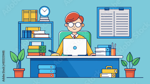 In a busy office a worker sits at their desk typing away on a computer surrounded by stacks of papers and files. Their desk is organized and tidy with. Cartoon Vector