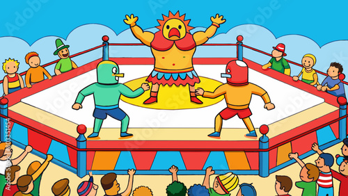 In a bustling fairground a group of people gather around a ring where two wrestlers are facing off. The wrestlers are clad in flashy colorful outfits. Cartoon Vector