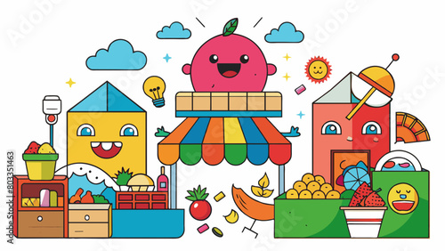 In a busy marketplace the atmosphere is bustling with vibrant colors loud chatter and the aromas of different es and food. The objects are all. Cartoon Vector