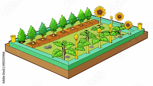 In a community garden the distribution of plants is varied and intentional. Some areas have an abundance of tall sunflowers while others have smaller. Cartoon Vector