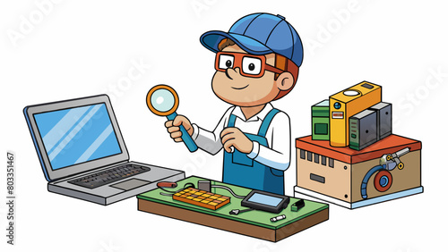 In a busy electronics repair shop a repair technician can be identified by their specialized equipment and technical knowledge. They use a magnifying. Cartoon Vector