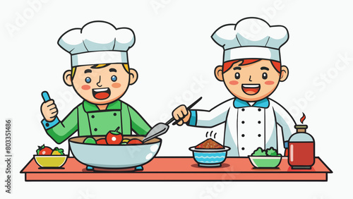 In a cooking competition two chefs are creating the same dish with different ingredients. They frantically chop saut  and season hoping to impress the. Cartoon Vector