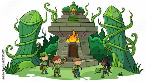 In a dense jungle a group of adventurers stumble upon a mysterious stone temple covered in twisting vines. As they cautiously approach they notice a. Cartoon Vector