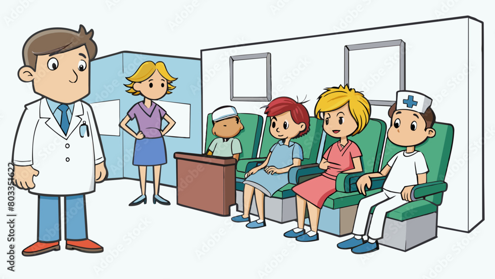 In the emergency room patients sit on vinyl chairs their faces etched with worry and pain. A reception desk sits at the front manned by a. Cartoon Vector