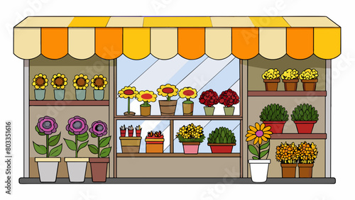 In a quaint little flower shop shelves lined with pots and vases were overflowing with a variety of beautiful blooms. The delicate petals of roses. Cartoon Vector