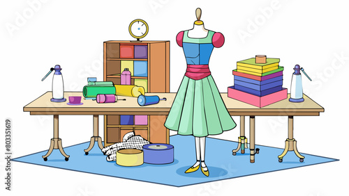In the center of the studio there was a large worktable strewn with scraps of fabric pins and a sewing machine. A mannequin wearing a partially. Cartoon Vector