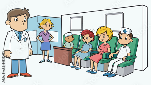 In the emergency room patients sit on vinyl chairs their faces etched with worry and pain. A reception desk sits at the front manned by a. Cartoon Vector