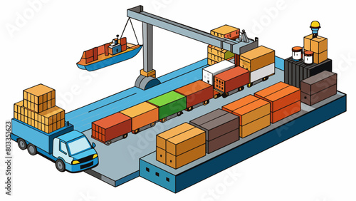 In shipping goods are loaded onto a cargo ship at a busy port. The ship is specifically designed to carry different types of cargo and it has a large. Cartoon Vector