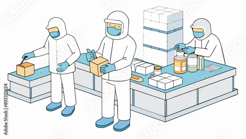 Inside a sterile cleanroom a team of technicians wears fullbody suits and face masks as they perform the final step in the production process. They. Cartoon Vector