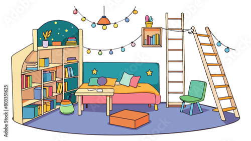 In the bedroom there is a lofted bed with a ladder leading up to it. Underneath there is a cozy reading nook with a bean bag chair and shelves filled. Cartoon Vector