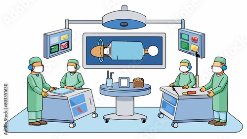 In the corner of the operating room a display screen shows a live feed of the surgical site. The bright highdefinition images allow the surgeon to see. Cartoon Vector