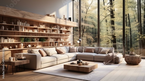 A beautiful living room with a large bookshelf and a view of the forest