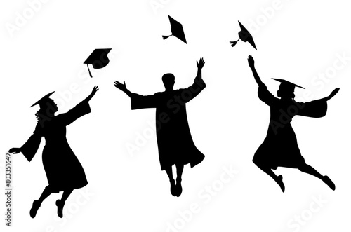 Group of students graduating happily wearing academic attire, gowns or robes and graduation caps and holding diplomas. Boy and girl celebrating university graduation. graduation vector illustration