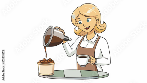 In a quaint caf  a young woman carefully pours hot water over a metal filter creating a steady stream of deep brown liquid that drips into a glass. Cartoon Vector