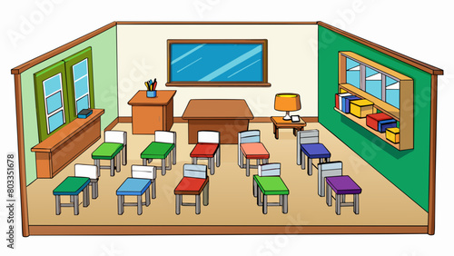In a school classroom the teachers desk is a priority area situated at the front of the room with a comfortable chair shelves for supplies and a clear. Cartoon Vector