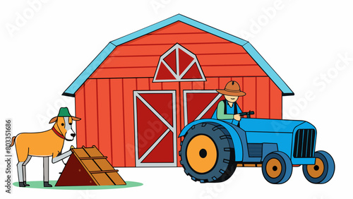 In the early morning light a farmer is tending to his large red barn filled with bales of hay. His trusty old tractor is parked nearby its faded blue. Cartoon Vector