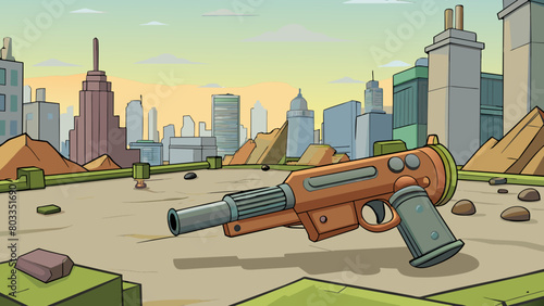 In the foreground a prop gun lies discarded on the ground its cold metal glinting under the harsh stage lights. In the background a backdrop of a. Cartoon Vector