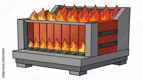 Inside the industrial furnace long rows of metal bars are arranged in layers with intense flames licking at their surface. The furnaces high. Cartoon Vector