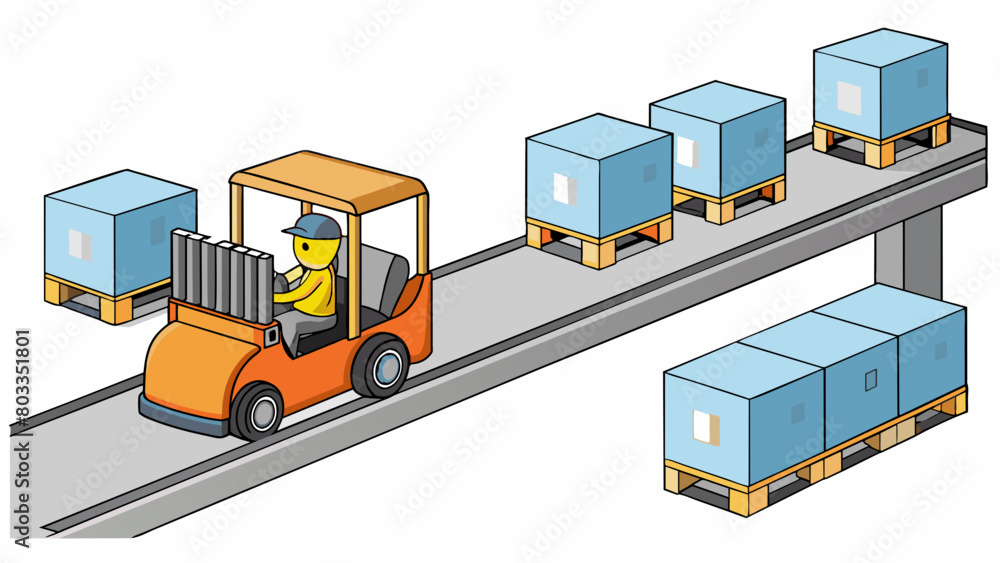 Maneuvering through Tight Spaces In a factory a forklift is used to transport finished goods from one production line to another. The forklifts. Cartoon Vector Maneuvering through Tight Spaces In a factory a forklift is used to transport finished goods from one production line to another. The forklifts. Cartoon Vector