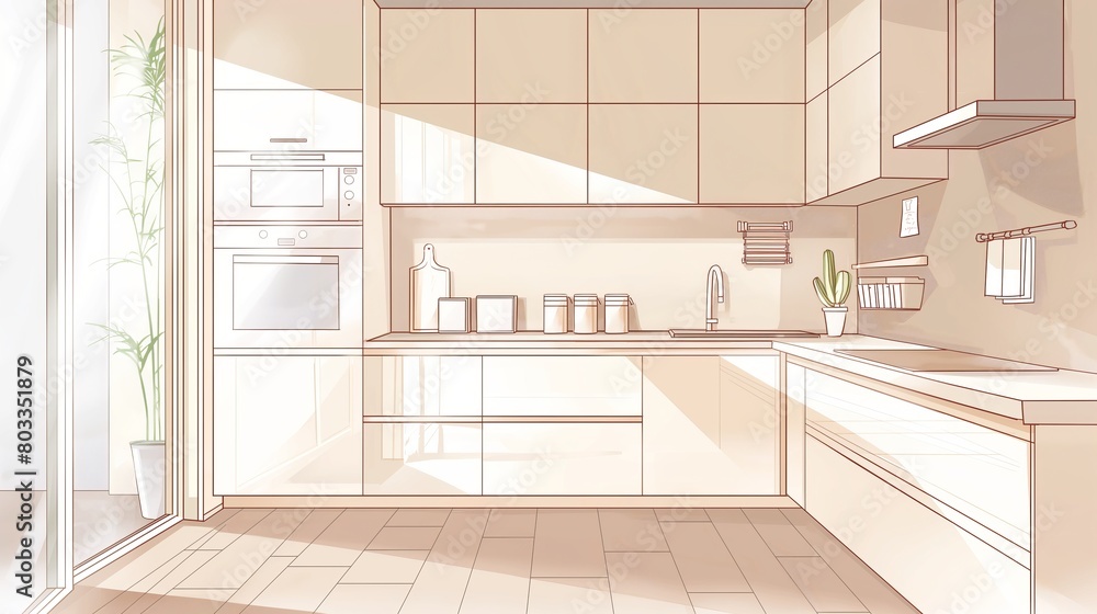 Fototapeta premium Modern Minimalist Kitchen Design With Warm Sunlight and Neutral Tones