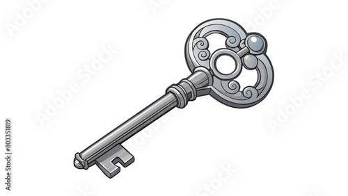 Member A silver key with a complex design and a personalized engraving. It opens an exclusive area such as a gated community or club and signifies. Cartoon Vector