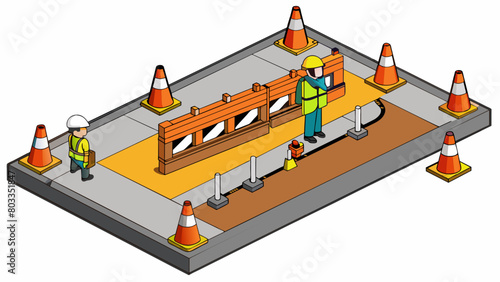 On a busy urban street bright orange cones and barricades block off a section of the road where a new sewer system is being installed. The workers are. Cartoon Vector