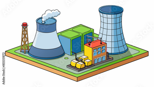 Nuclear power plant An industrial facility with a large containment structure housing a nuclear reactor which uses controlled fission reactions to. Cartoon Vector