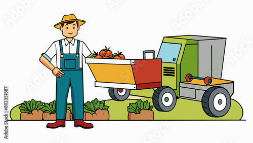 On a farm a farmer guides a large machine through a field harvesting crops and filling baskets with fresh produce. The production is characterized by. Cartoon Vector
