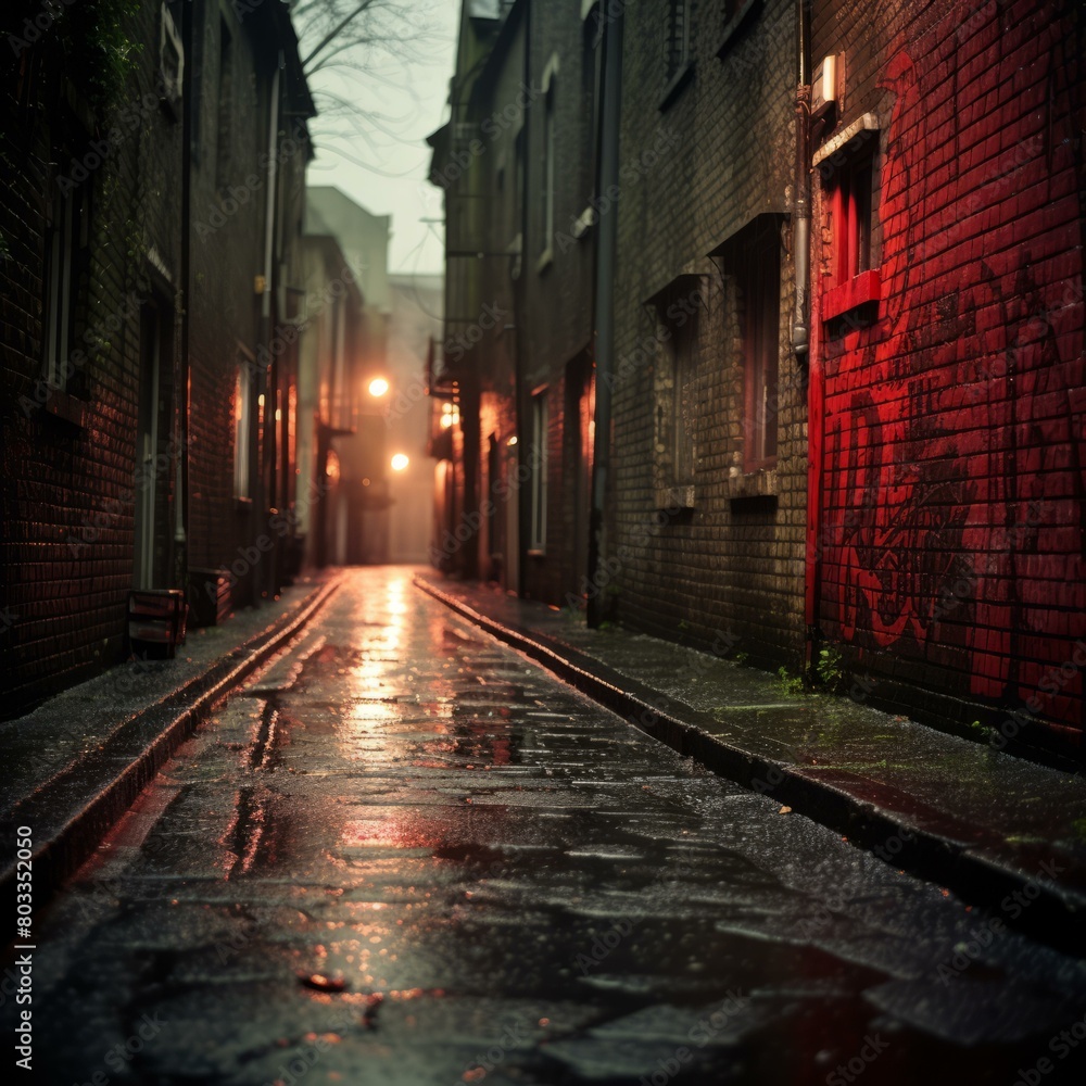 A dark and empty alleyway with a red door at the end