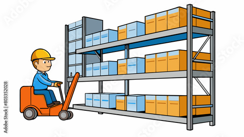 Reaching High Shelves In a retail store a forklift is used to restock products on high shelves. The forklifts extendable mast and hydraulic lifting. Cartoon Vector