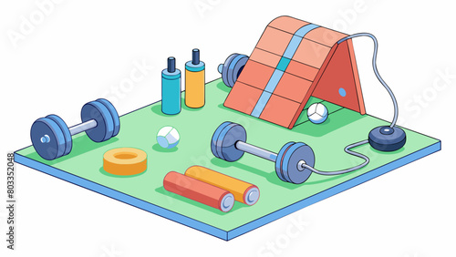 Preparing for a workout at the gym A thick rubber mat is laid out on the floor ready for stretching or floor exercises. A set of dumbbells of various. Cartoon Vector