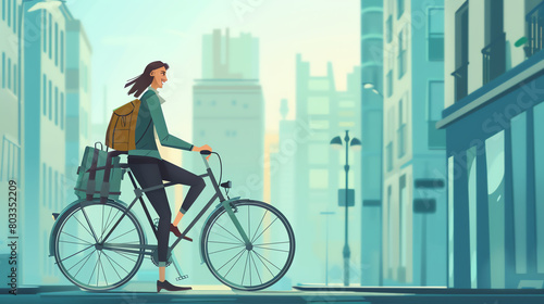 A young woman rides her bicycle through a city. She is wearing a helmet and a backpack. The city is in the background and is out of focus.