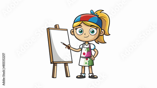 Standing in front of a blank canvas this girl is completely lost in her art. Her paintstained hands expertly maneuver the paintbrush as she creates a. Cartoon Vector
