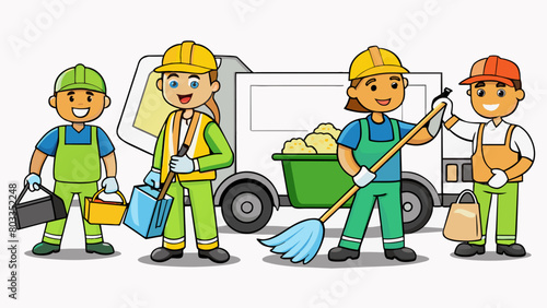 Street cleanup crew A group of people equipped with gloves trash bags and a garbage truck are picking up litter along a busy street. They use a. Cartoon Vector