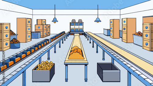 Step into the Production department and youll find a large warehouselike space filled with conveyor belts and machinery. Piles of raw materials line. Cartoon Vector