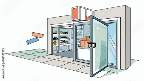 The automatic door at a grocery store is stuck open causing a cold draft to fill the entrance. The motion sensors that usually detect customers are. Cartoon Vector