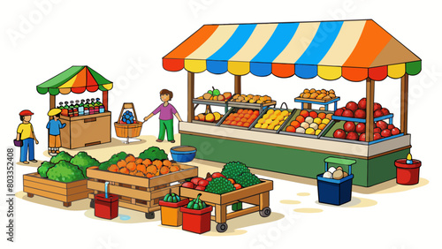 The bustling farmers market is a riot of colors scents and sounds. Stalls overflow with baskets of vibrant fruits and vegetables while the air is. Cartoon Vector