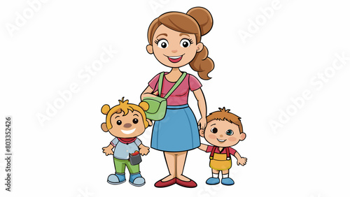 The client is a mother around 35 years old with two young children in tow. She has a messy bun and is wearing a comfortable dress with sneakers. She. Cartoon Vector