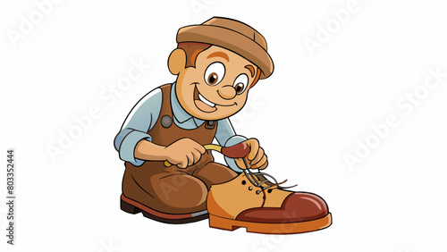 The cobbler carefully stitched together the worn out sole of the leather shoe. The shoe was a rich brown color and had intricate stitching details. Cartoon Vector