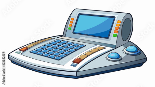 The editor is a hightech tool with a futuristic design. It is made of polished metal and has a sleek curved shape. The front is dominated by a large. Cartoon Vector