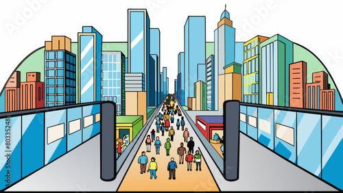 The crowded city streets were filled with the sounds of honking cars and bustling crowds. Towering above them all was a sleek modern skyscr its. Cartoon Vector